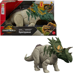 Mattel Jurassic World Rebirth Spiclypeus attack pose highlights dynamic head butt action for battle play.