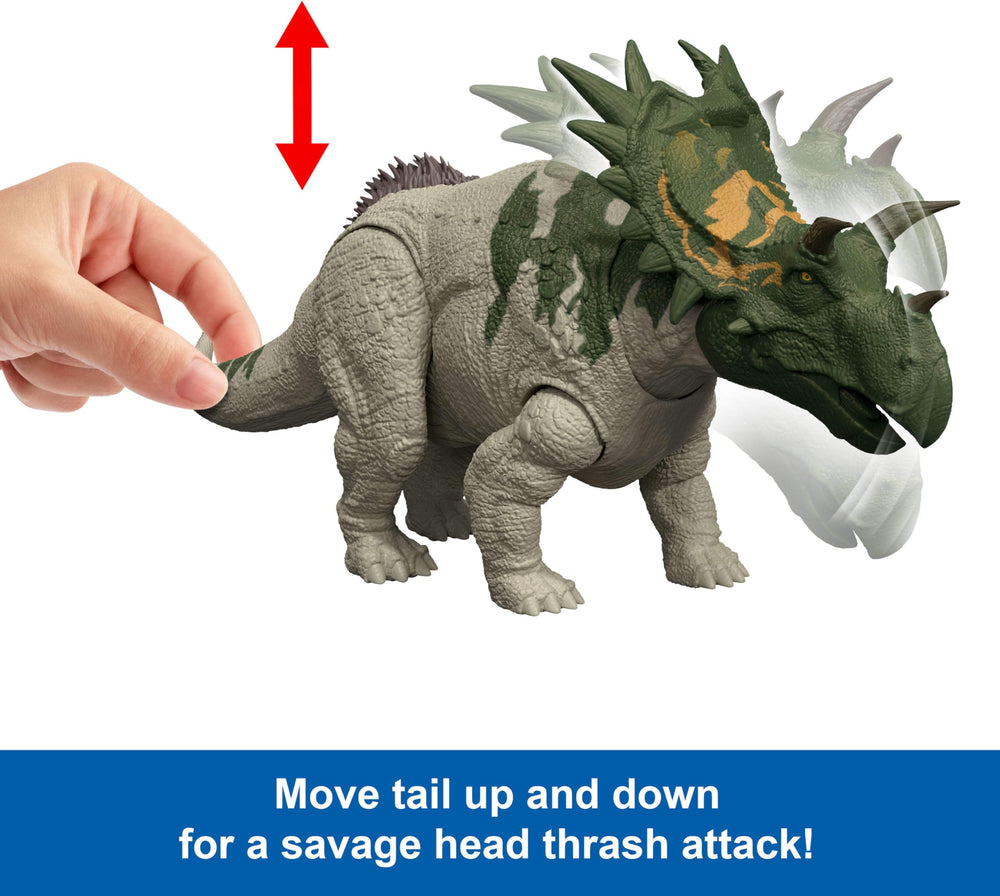 Mattel Jurassic World Rebirth Spiclypeus tail-control enables directional attacks during play.