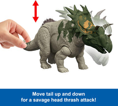 Mattel Jurassic World Rebirth Spiclypeus tail-control enables directional attacks during play.