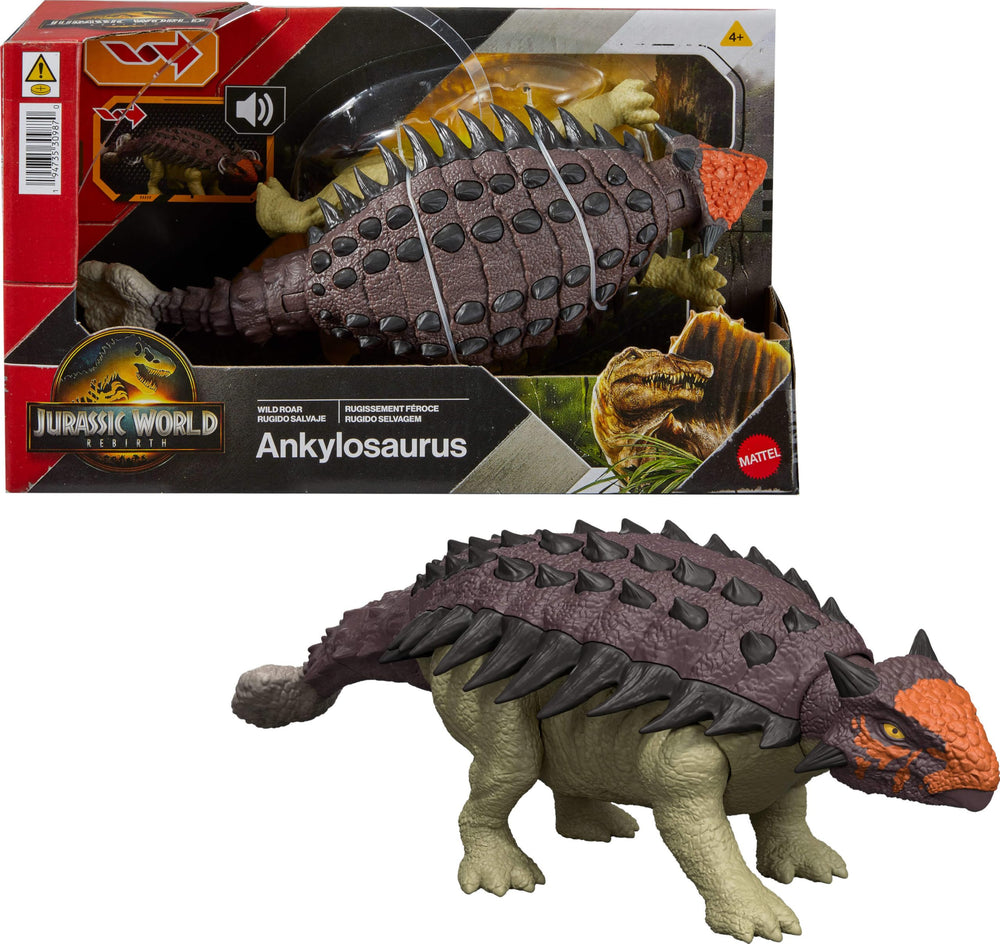 Mattel Jurassic World Wild Roar Ankylosaurus in attack pose for dramatic battle scenes.