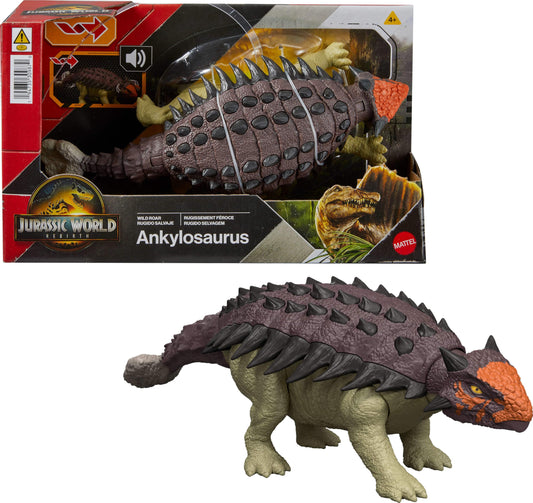 Mattel Jurassic World Wild Roar Ankylosaurus in attack pose for dramatic battle scenes.