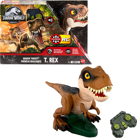 Mattel Jurassic World Roarin' Frenzy T. Rex RC toy in motion for exciting chase play.