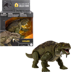 Mattel Jurassic World Scutosaurus with glass eyes enhances display realism and collector appeal.