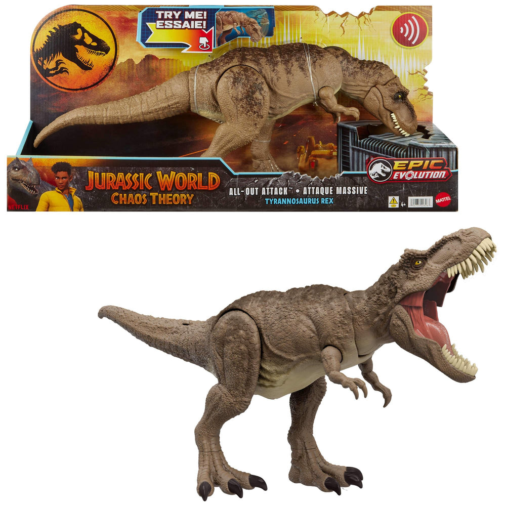 Mattel Jurassic World T. rex neck-thrash action pose for dynamic play.