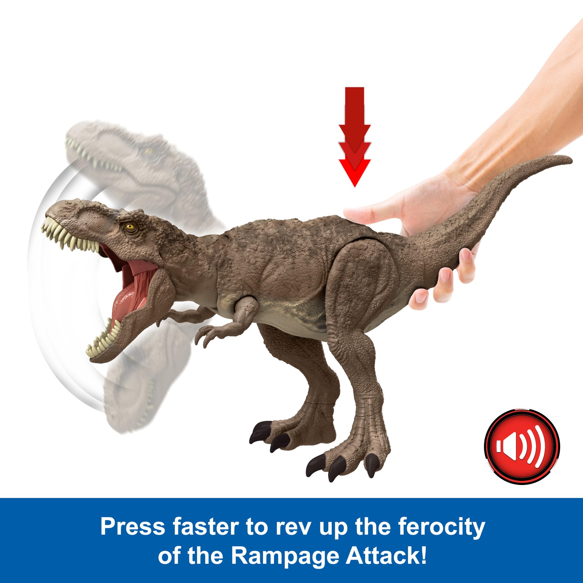 Mattel Jurassic World T. rex chomping roar moment for immersive play.