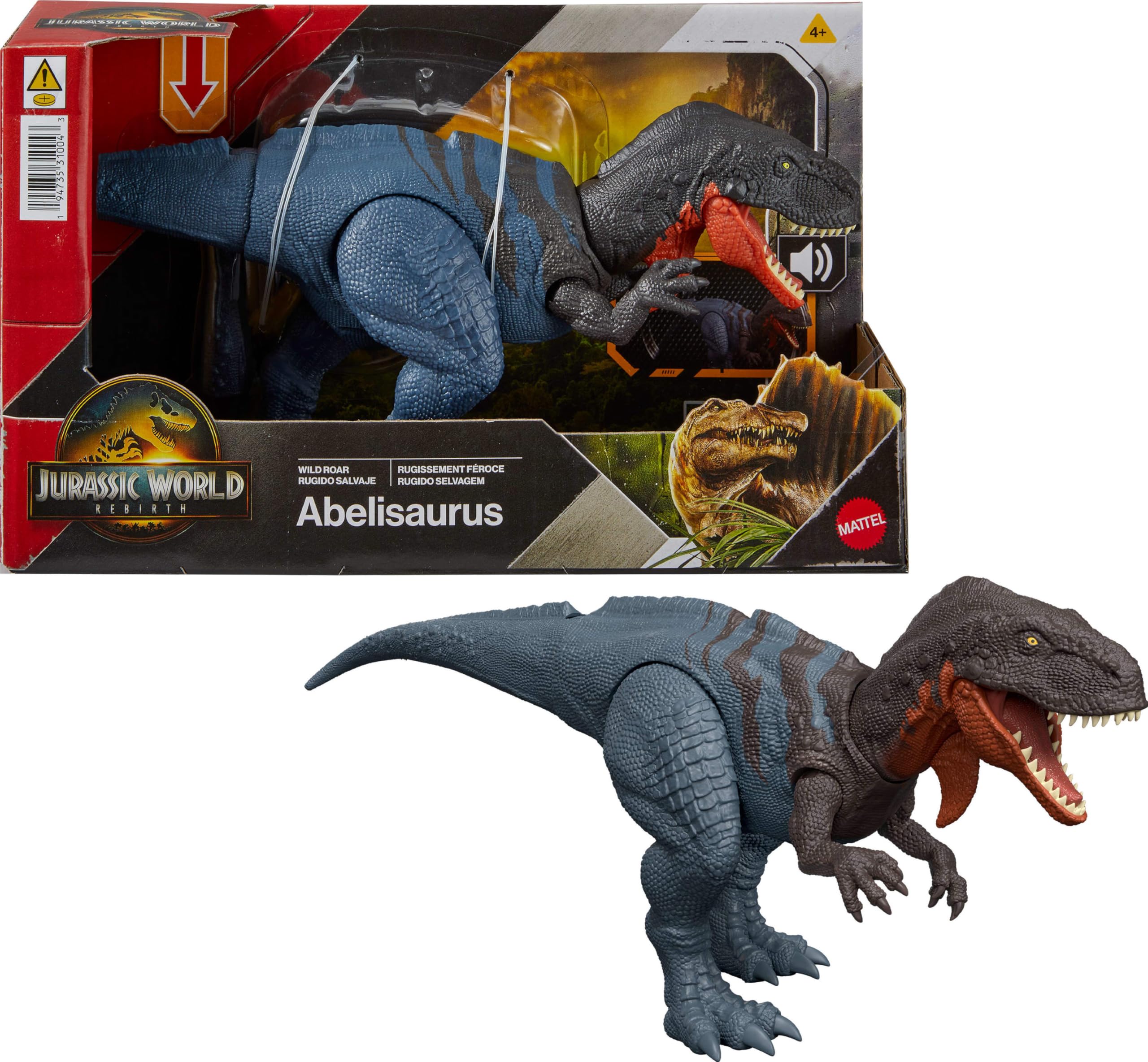 Mattel Jurassic World Wild Roar Abelisaurus chomp-action shown for dynamic play.
