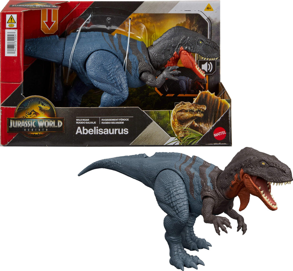 Mattel Jurassic World Wild Roar Abelisaurus chomp-action shown for dynamic play.