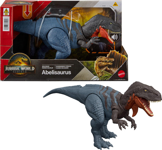 Mattel Jurassic World Wild Roar Abelisaurus chomp-action shown for dynamic play.