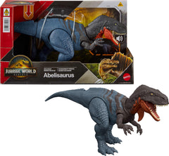 Mattel Jurassic World Wild Roar Abelisaurus chomp-action shown for dynamic play.