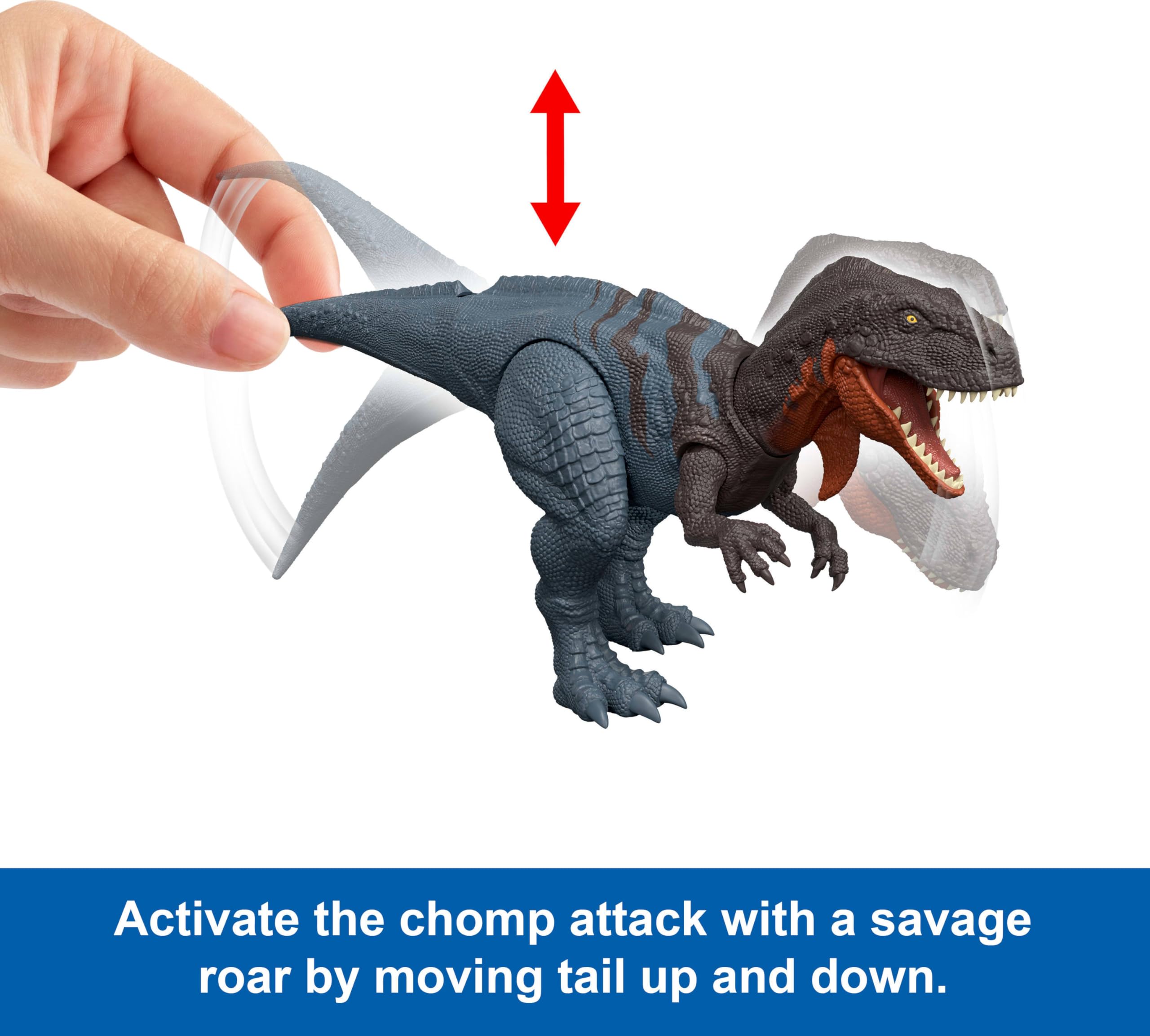 Mattel Jurassic World Wild Roar Abelisaurus detailed sculpt with poseable joints.