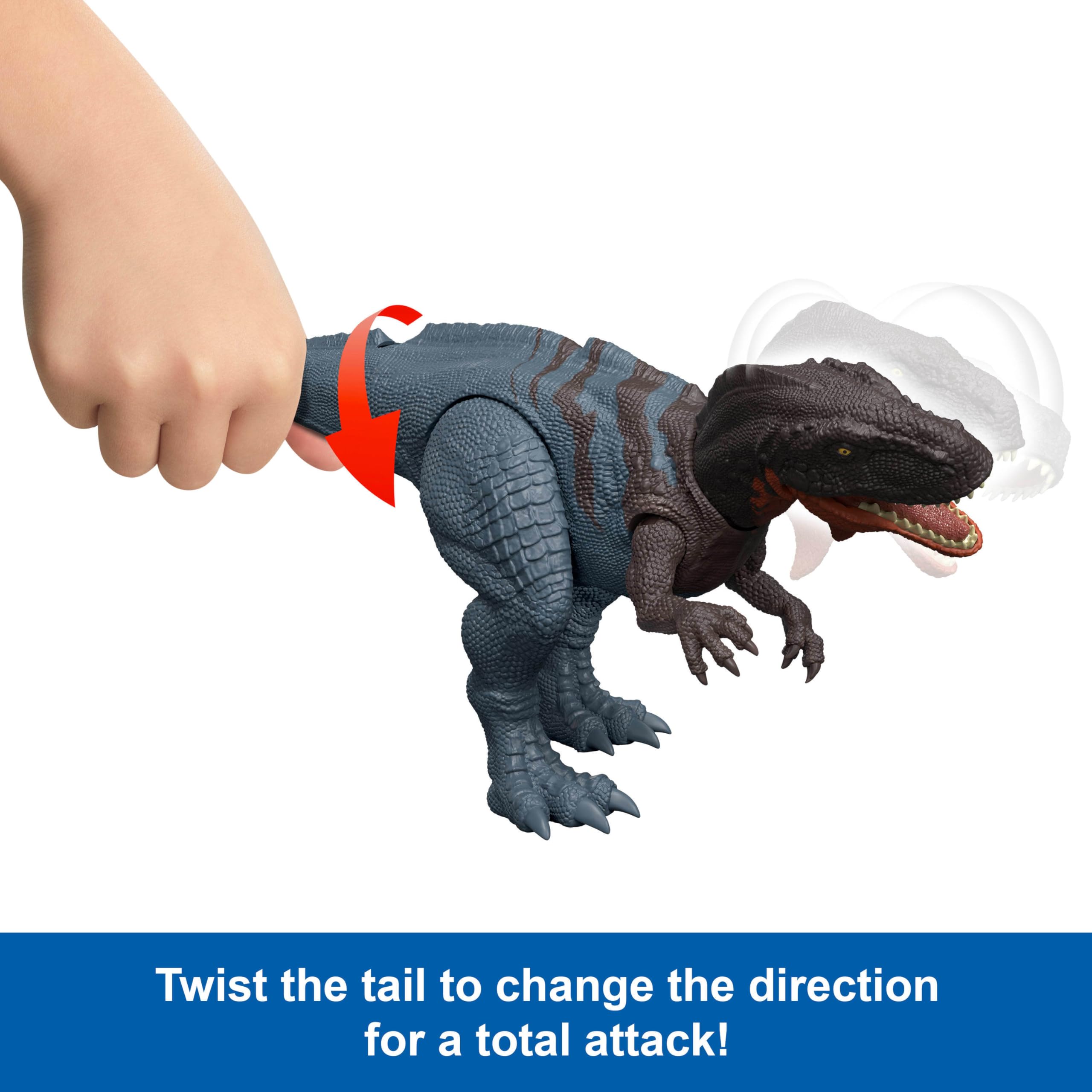 Mattel Jurassic World Wild Roar Abelisaurus roaring sound enhances battles.