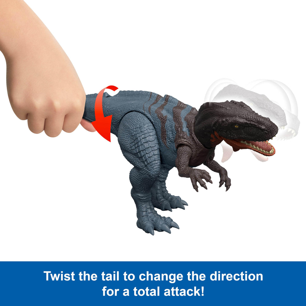 Mattel Jurassic World Wild Roar Abelisaurus roaring sound enhances battles.