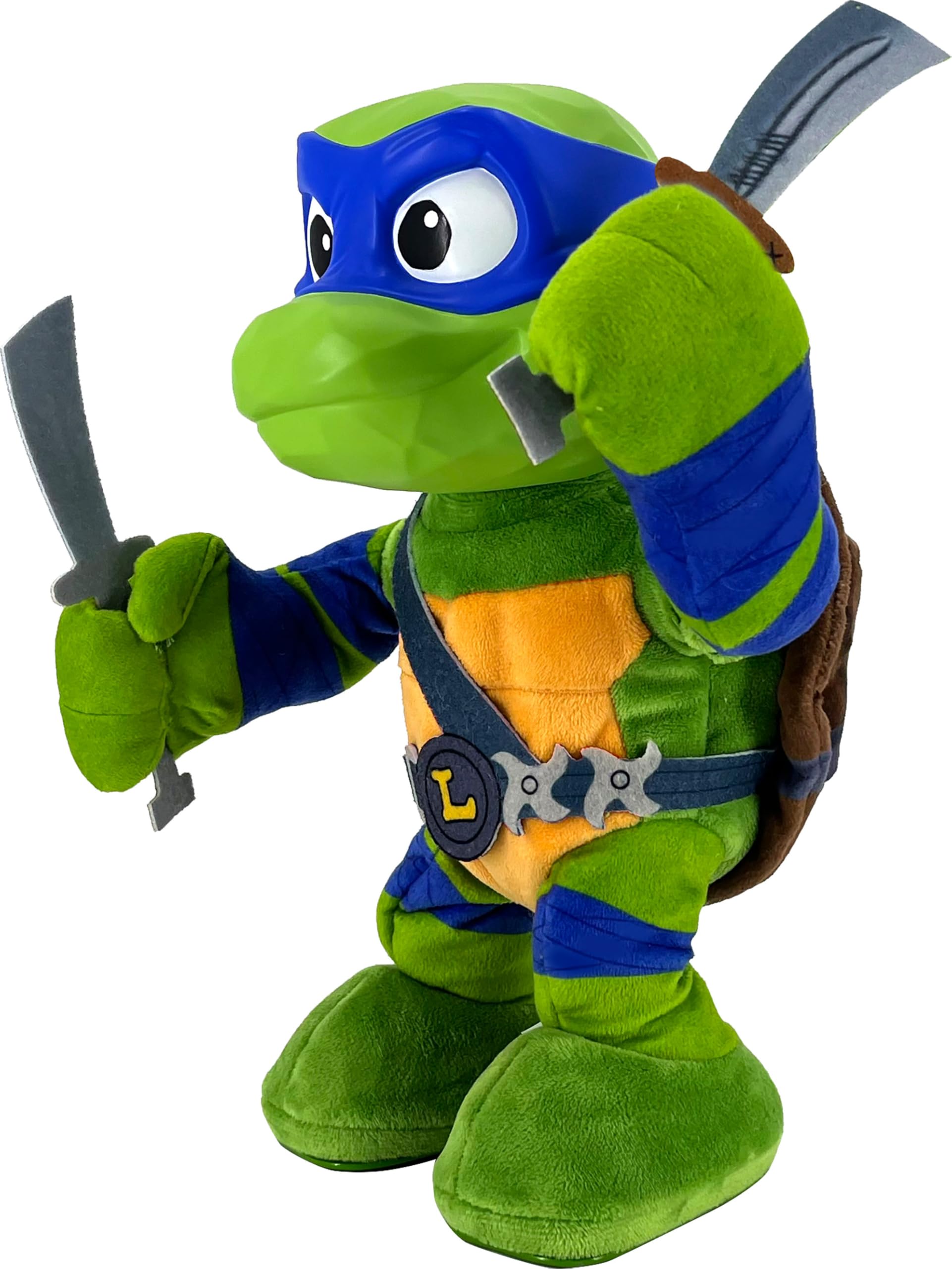 Mattel Leonardo TMNT plush showcases twenty or more sounds for interactive fun.