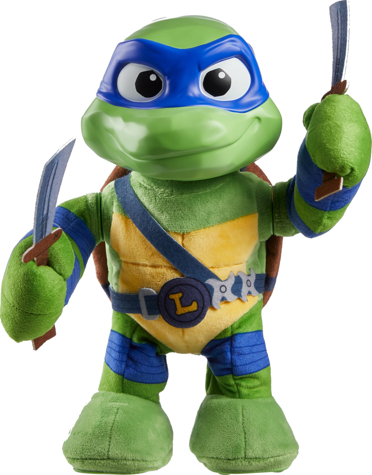 Mattel Leonardo TMNT plush head close-up with vinyl for movie realism.