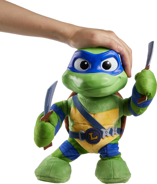 Mattel Leonardo TMNT plush sword-action demonstrates swinging play.