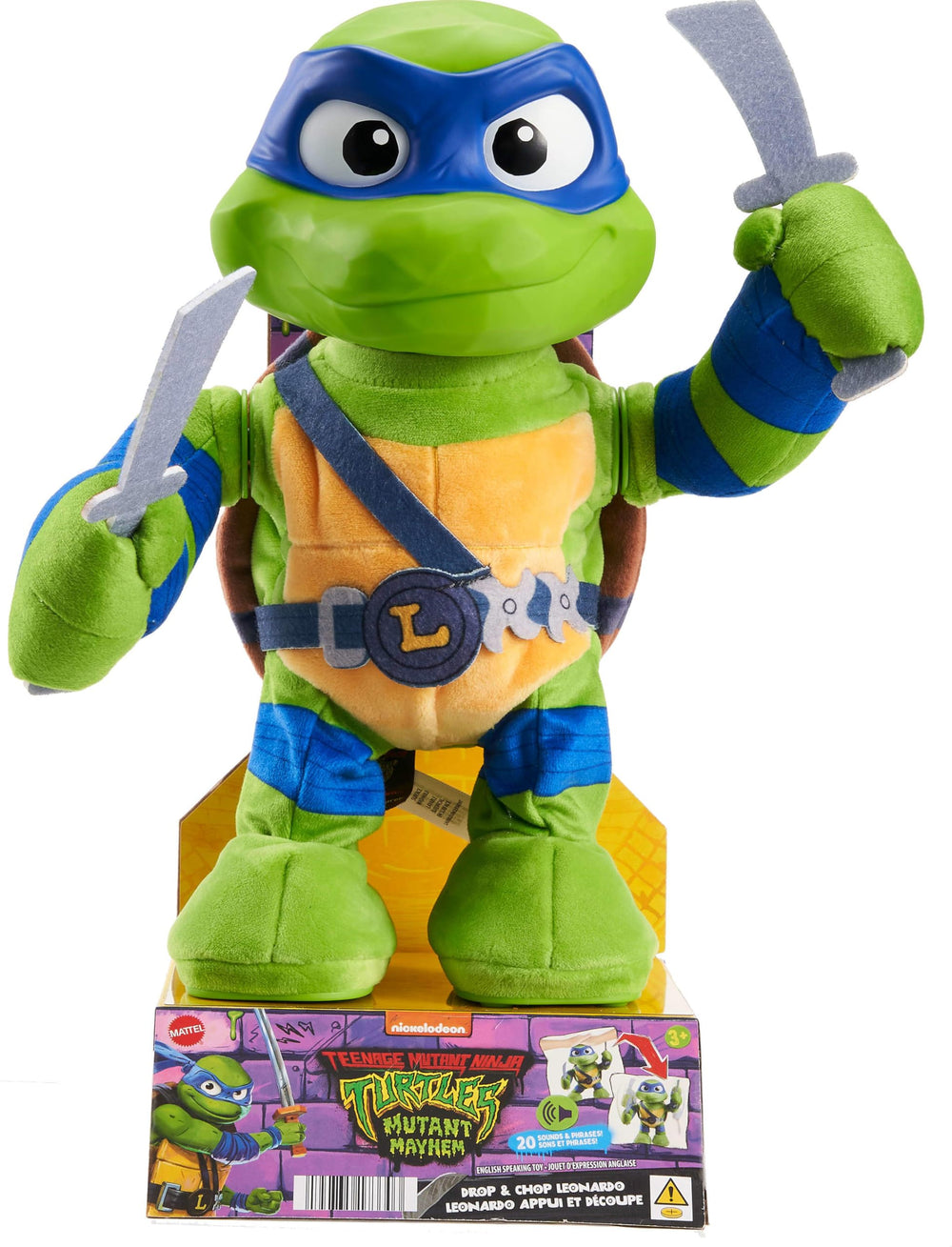Mattel Leonardo TMNT plush vinyl head complements soft body design.