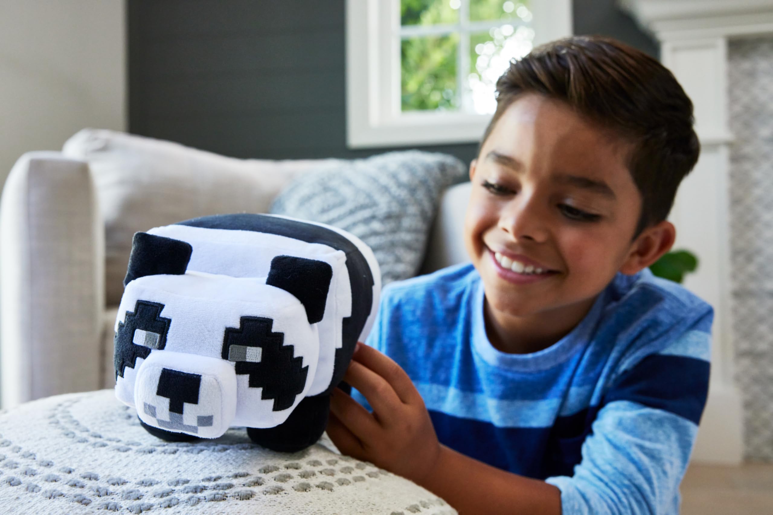 Mattel Minecraft Panda Plush wearing iconic costume for recognizable play.