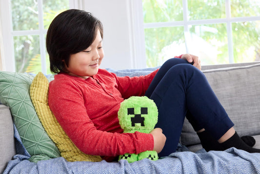 Mattel Minecraft Creeper plush shows premium fabrics for soft cuddling