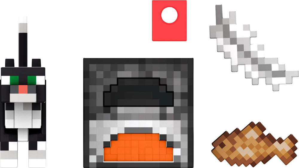 Mattel Minecraft Diamond Level Tuxedo Cat with raw cod for storytelling.