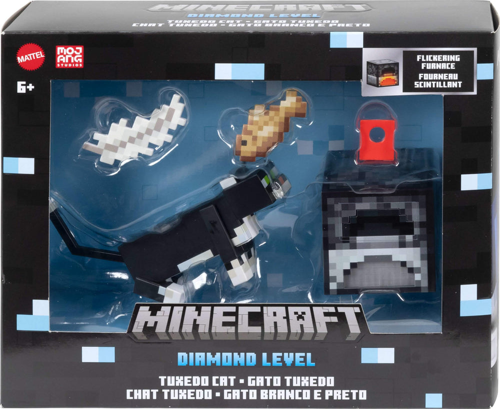 Mattel Minecraft Diamond Level Tuxedo Cat on a display stand.
