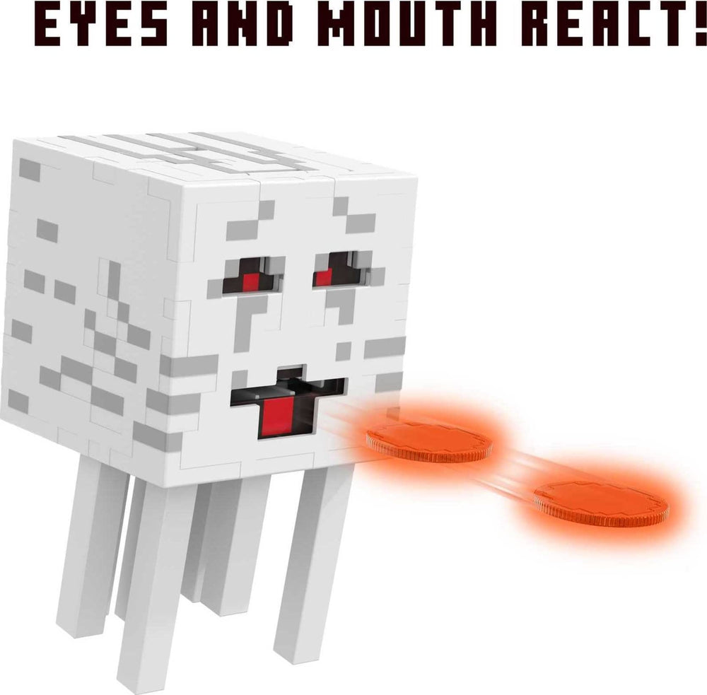 Mattel Minecraft Ghast eyes change expression when a disc is launched, adding drama.