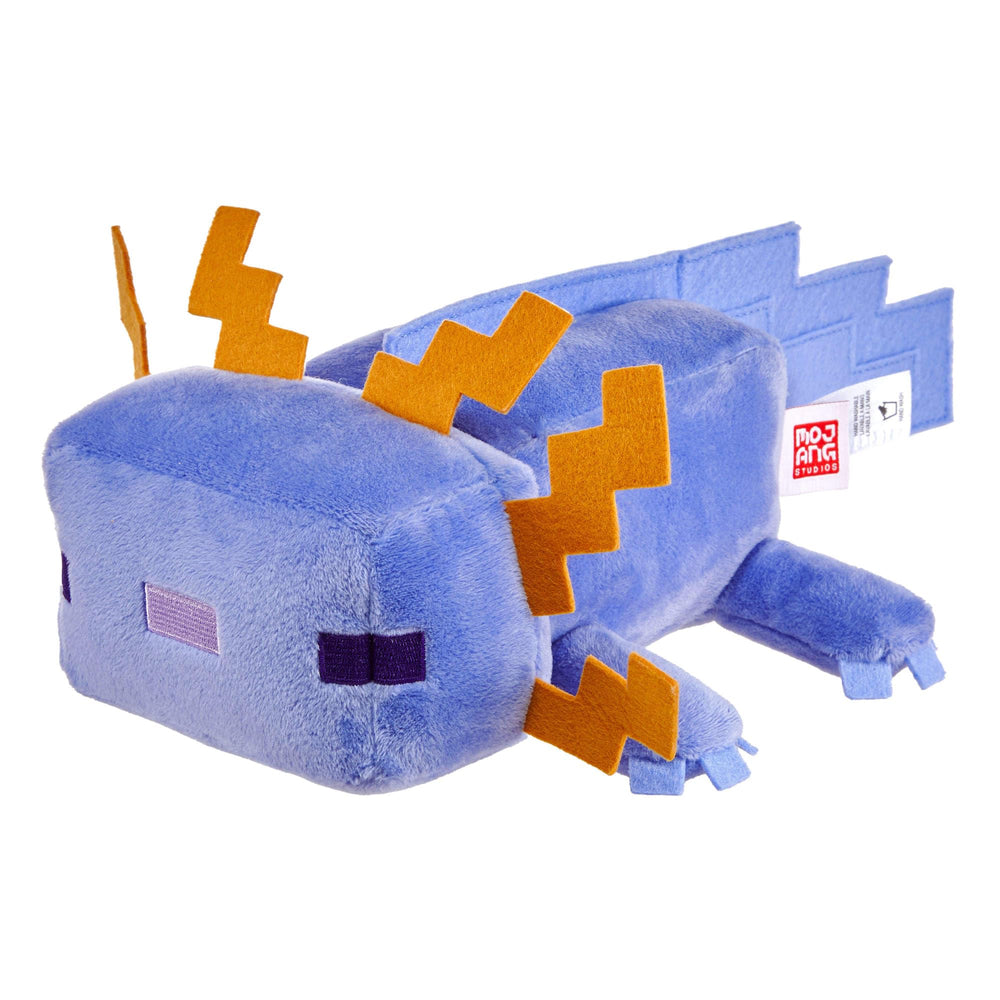 Mattel Minecraft blue axolotl plush side view for imaginative play.