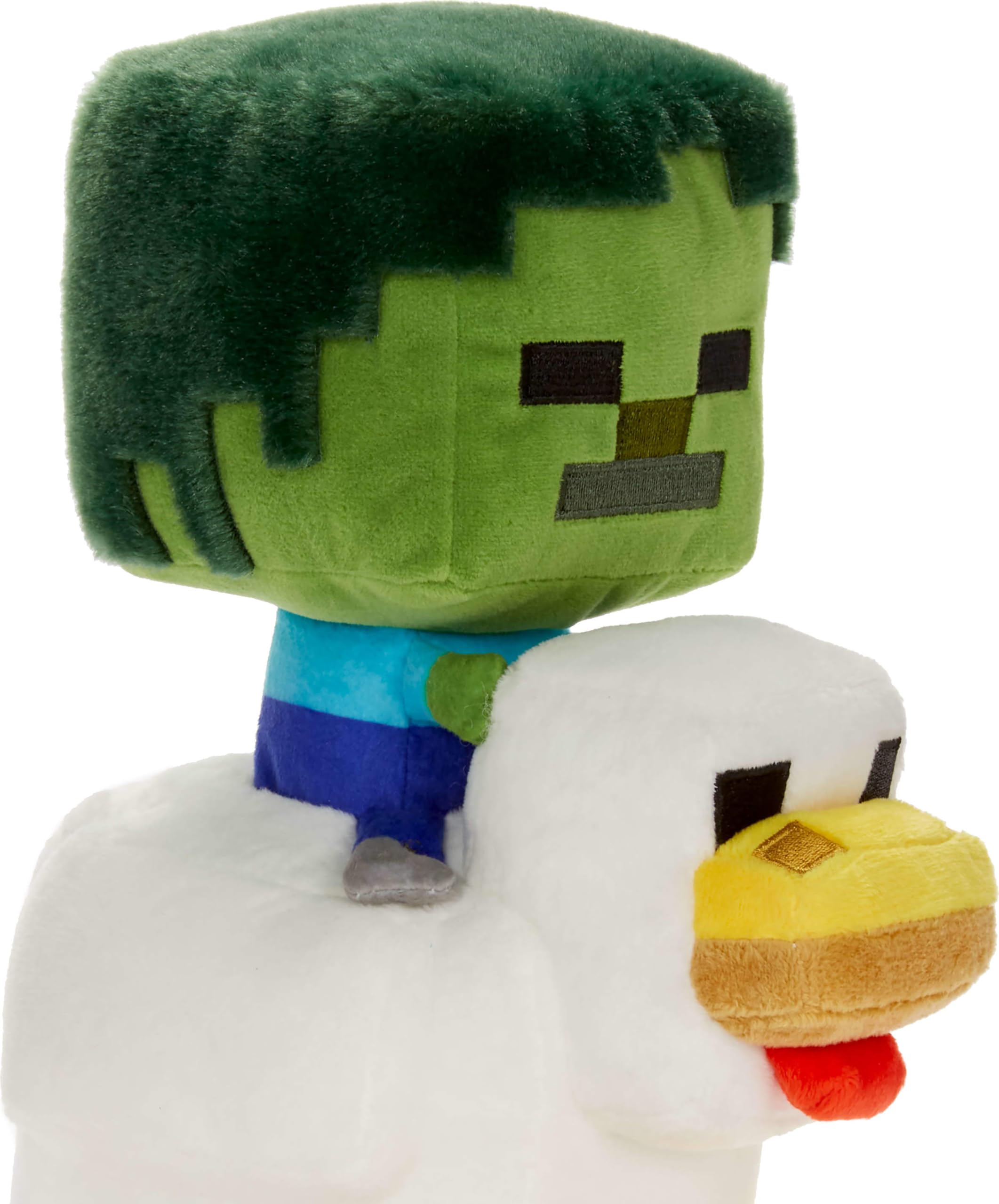 Mattel Minecraft Plush Zombie Chicken Jockey close-up—premium fabrics feel soft and durable.