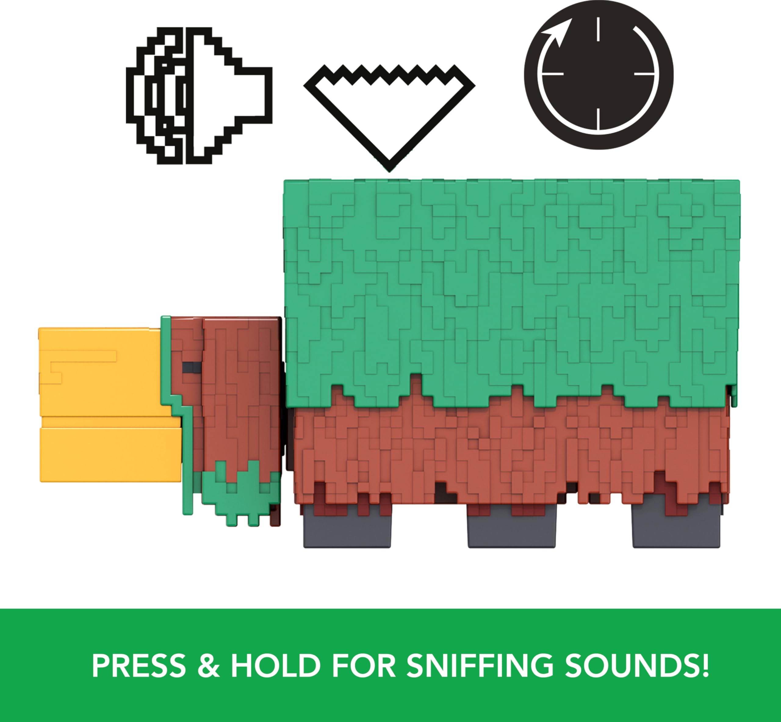 Mattel Minecraft Sniffer closeup emphasizes pixelated design and color accents.