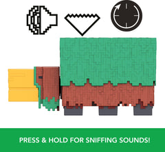 Mattel Minecraft Sniffer closeup emphasizes pixelated design and color accents.