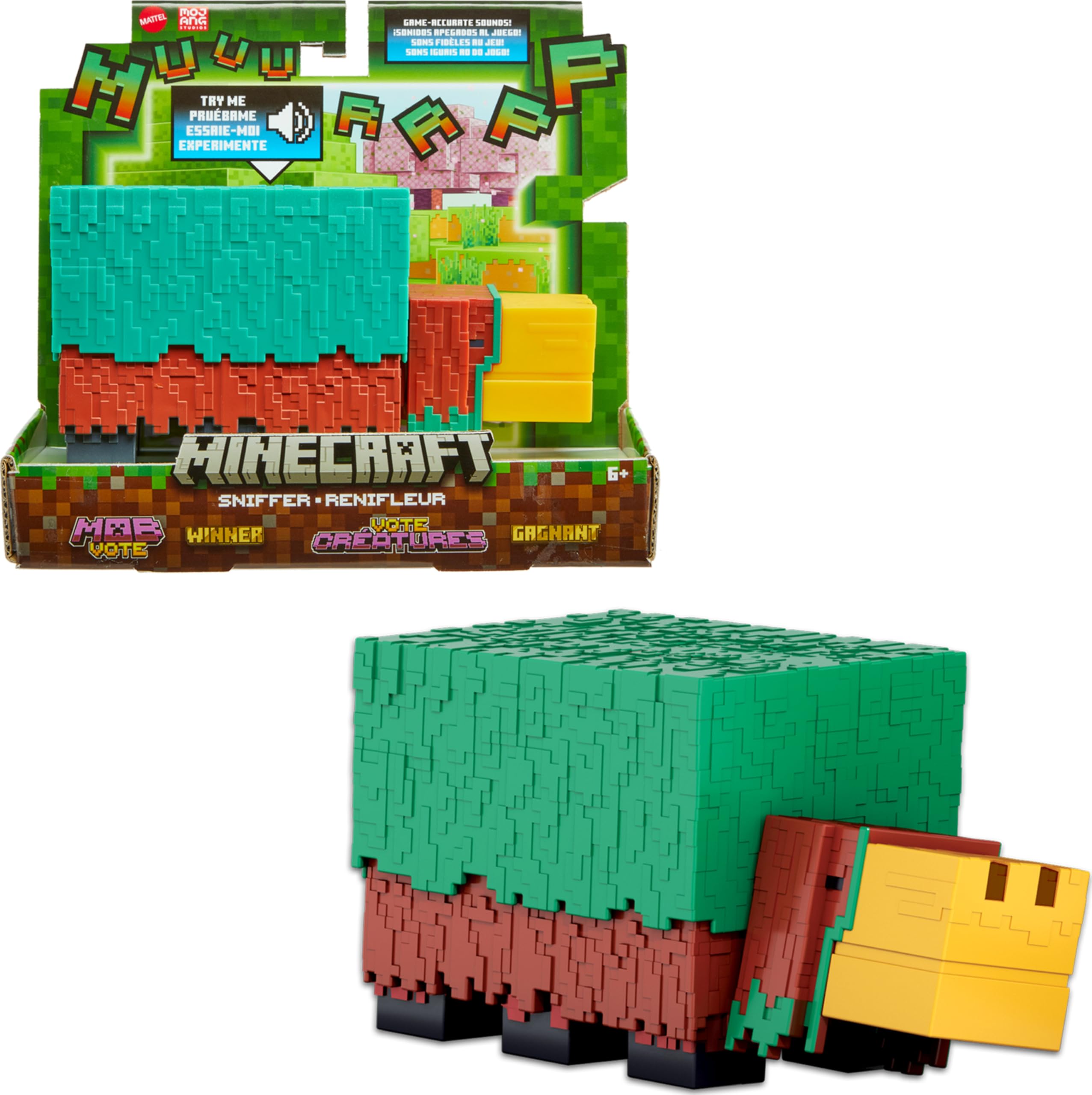 Mattel Minecraft Sniffer figure front view with pixelated design and game sounds.