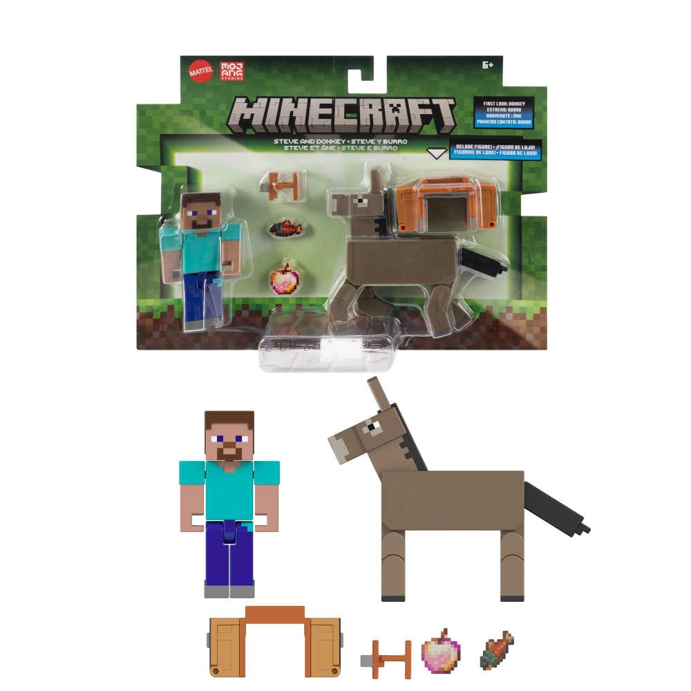 Mattel Minecraft Steve and Donkey figures in 3-25 inch scale ready for action posing.
