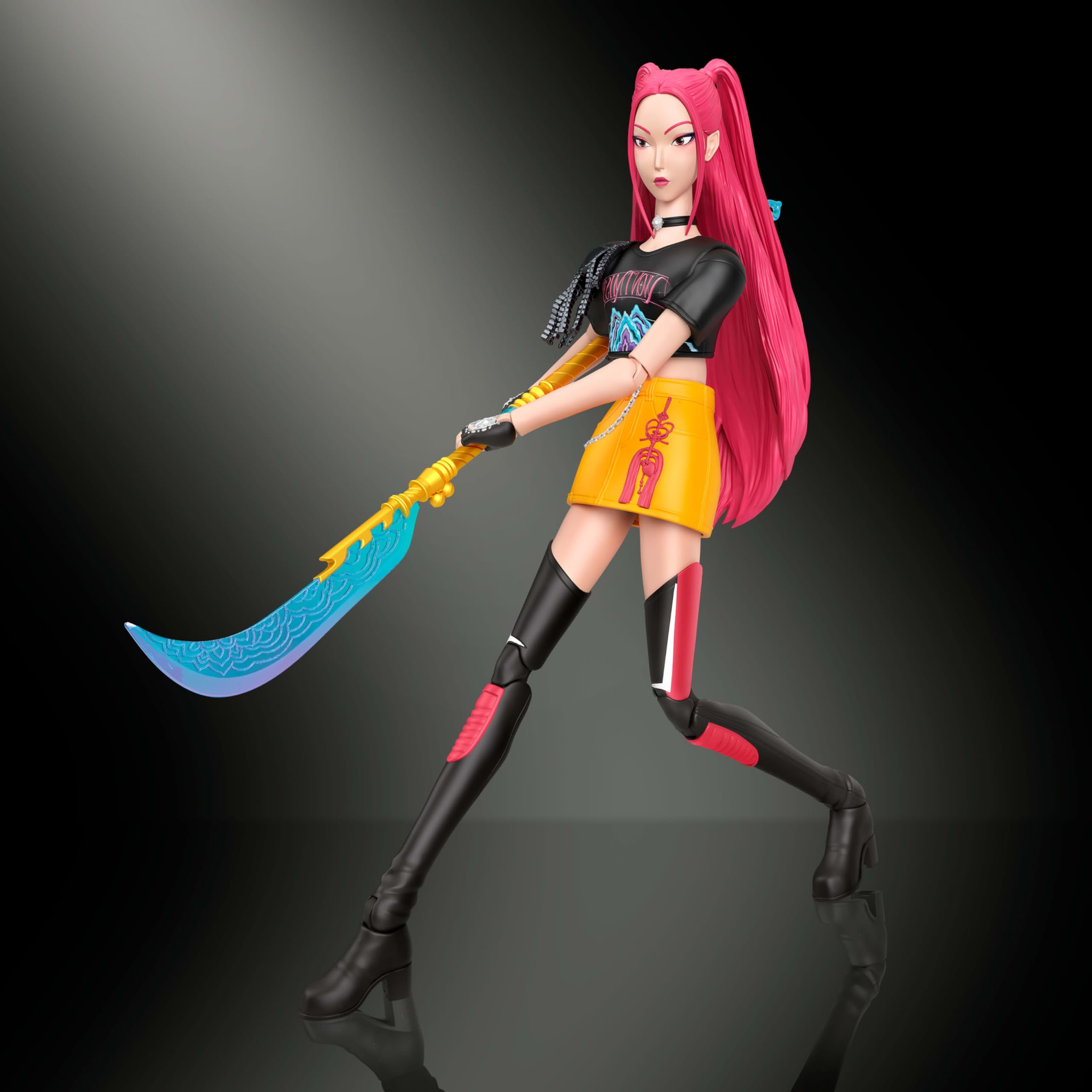Mattel Mira holding Curved Moon Sword in combat pose, demonstrates dynamic articulation