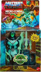 Mattel MOTU Origins Necro-Conda figure glows in the dark after light exposure for dramatic display.