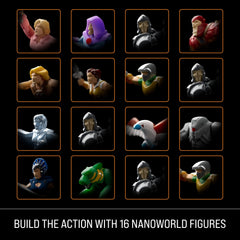 Mattel NanoWorld figures lineup including He-Man and Skeletor for collectible display