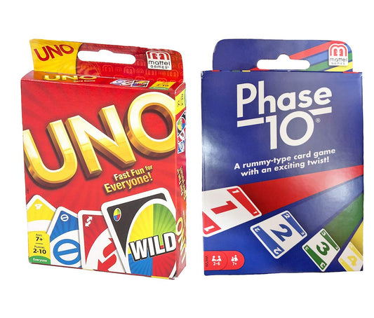 Mattel Phase 10 UNO card game box featuring both games for family game night and social play