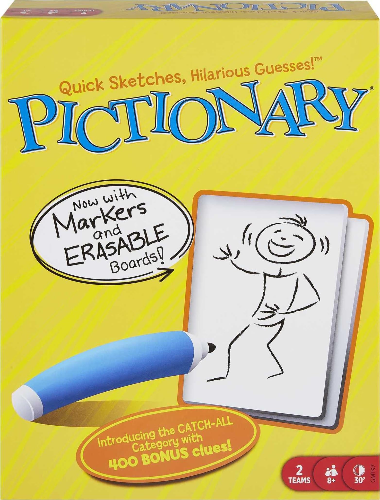 Mattel Games Pictionary board and markers for quick family drawing sessions.