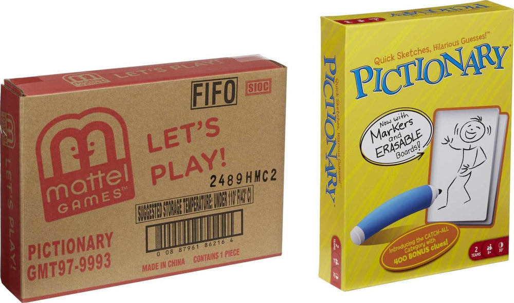 Mattel Games Pictionary game-night packaging showcases the full family setup.