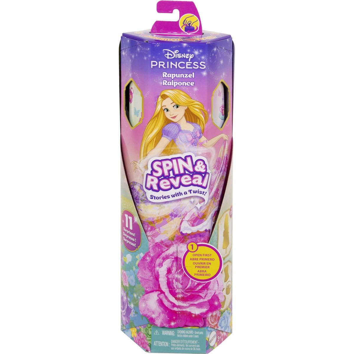 Mattel Rapunzel doll in floral outfit ready for dress-up play and storytelling.