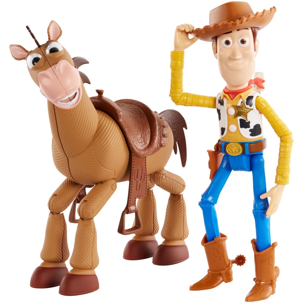 Mattel Toy Story 4 Woody and Bullseye box set in relative scale for storytelling.