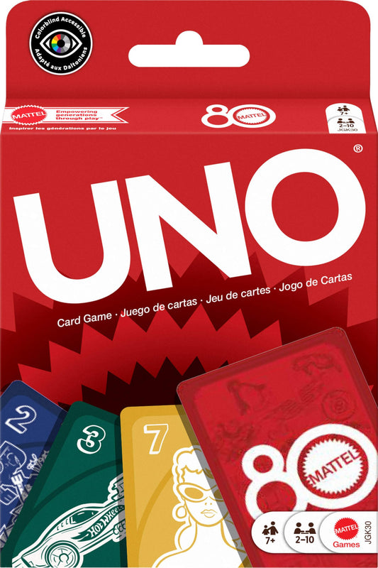 Mattel UNO 80th ruby-red box enhances family game nights.