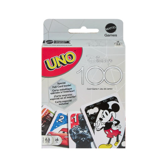 Mattel UNO Disney 100 pack front with vibrant characters for family game night
