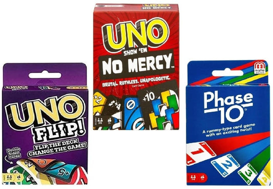 Mattel Uno No Mercy card deck for fast-paced rounds with friends.