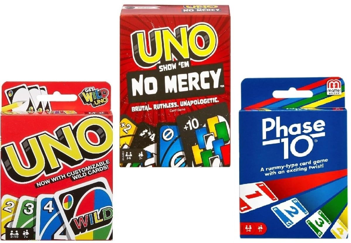 Mattel Uno No Mercy combo pack on display for a family game night