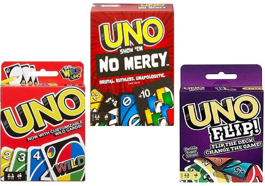 Mattel Uno No Mercy pack box showcases three classic games for flexible party fun.