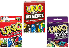 Mattel Uno No Mercy pack box showcases three classic games for flexible party fun.