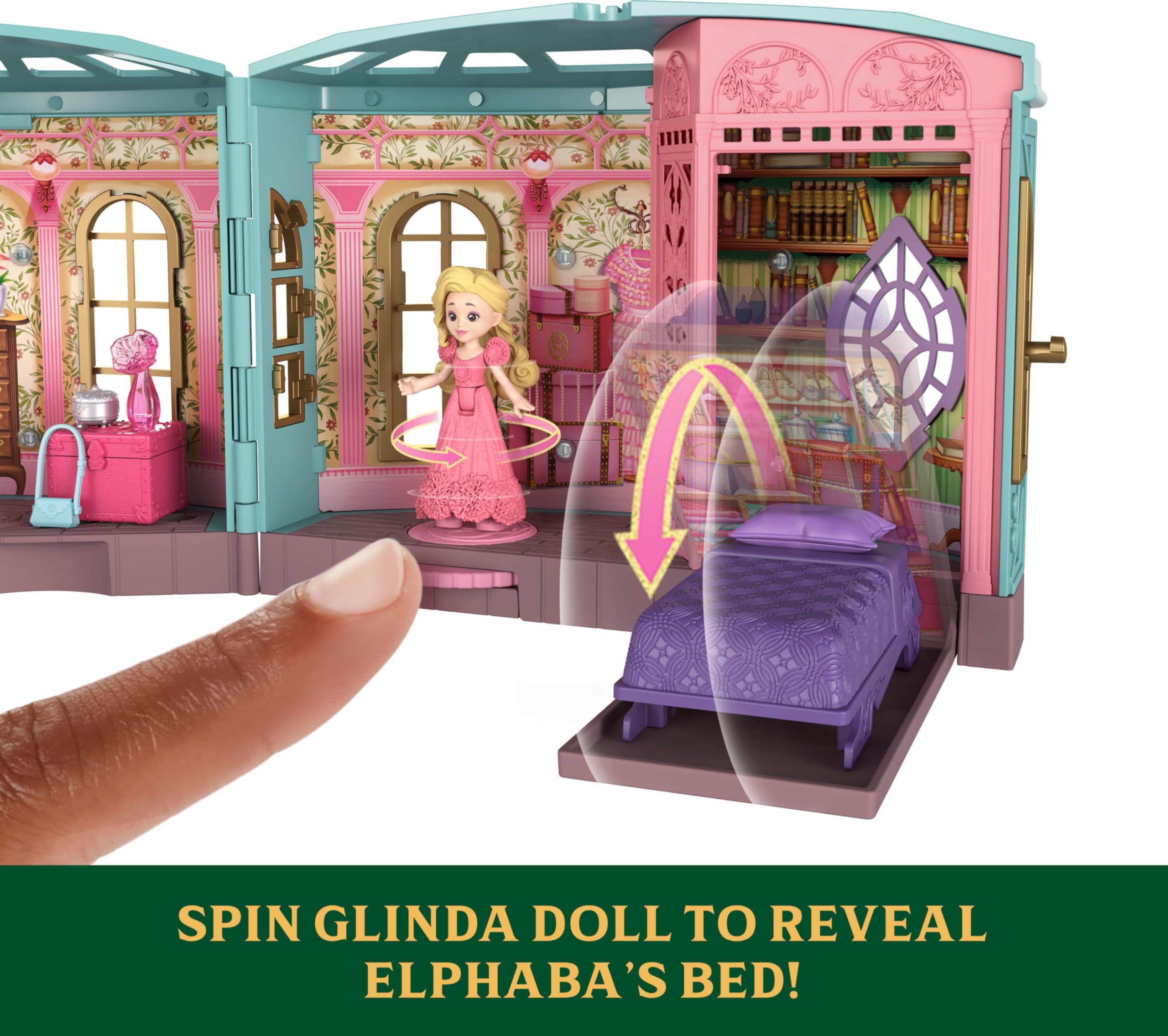 Mattel Wicked dorm playset: platform reveals Elphaba's bed for dramatic moments.