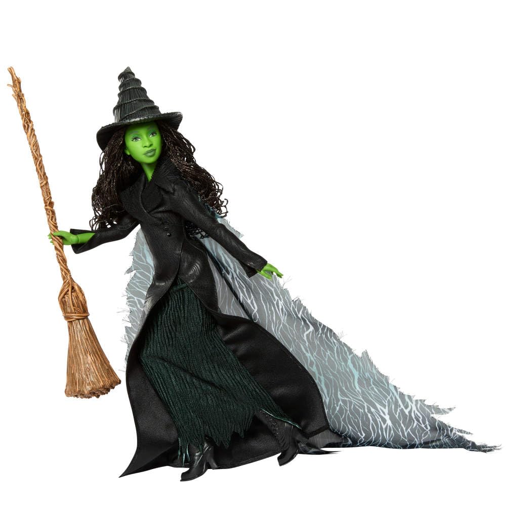 Mattel Wicked Elphaba long braided hair adds authenticity and sparkly detail.