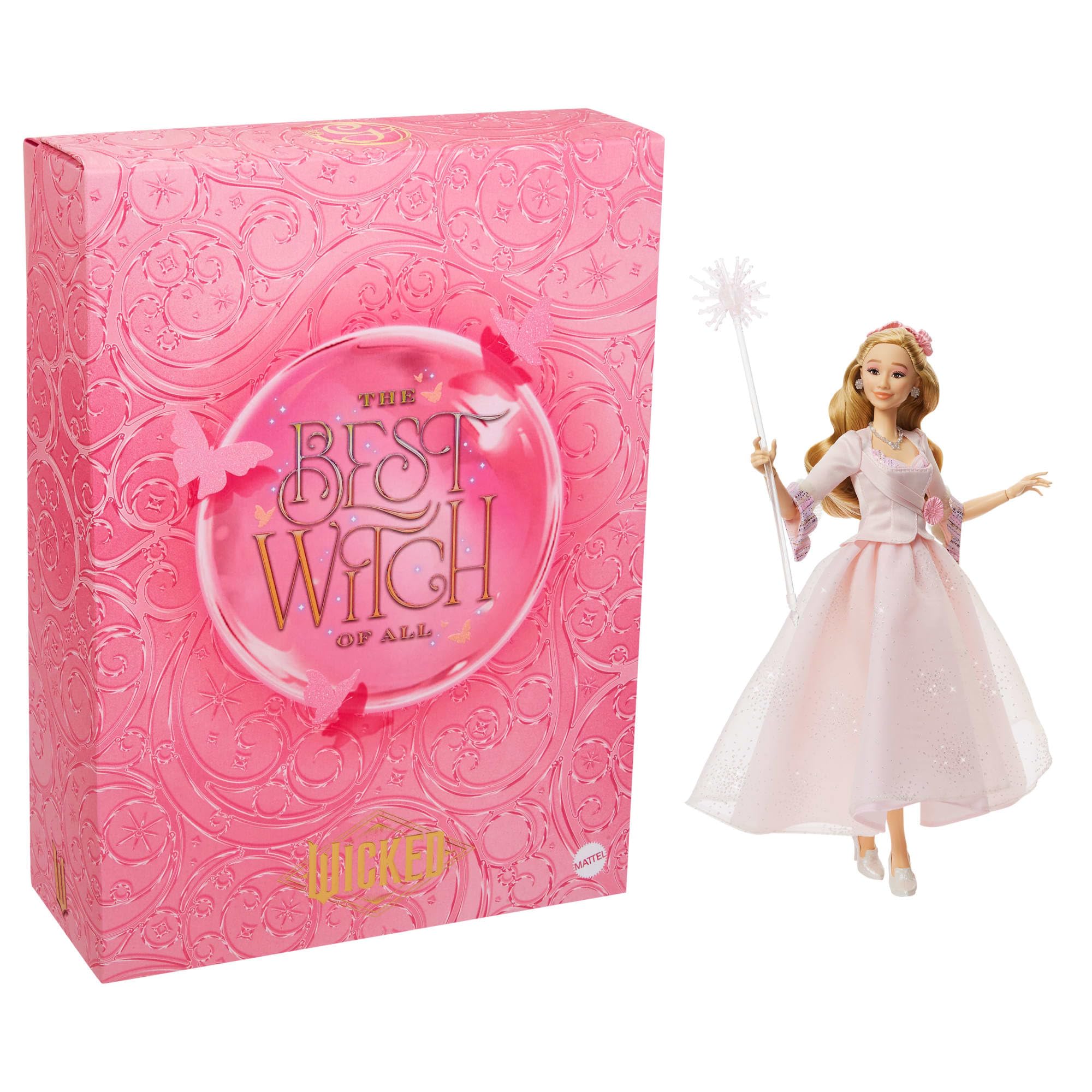 Mattel Wicked Glinda bubble doll packaging with shimmering butterfly motif for display.