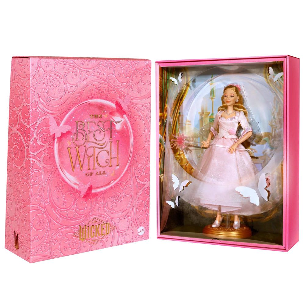 Mattel Wicked Glinda deluxe packaging with gold foil embossing elevates the collectible look.
