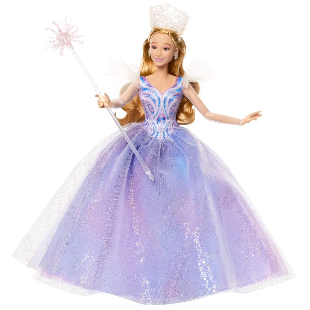Mattel Wicked Glinda doll shimmery long sleeves catch light beautifully.